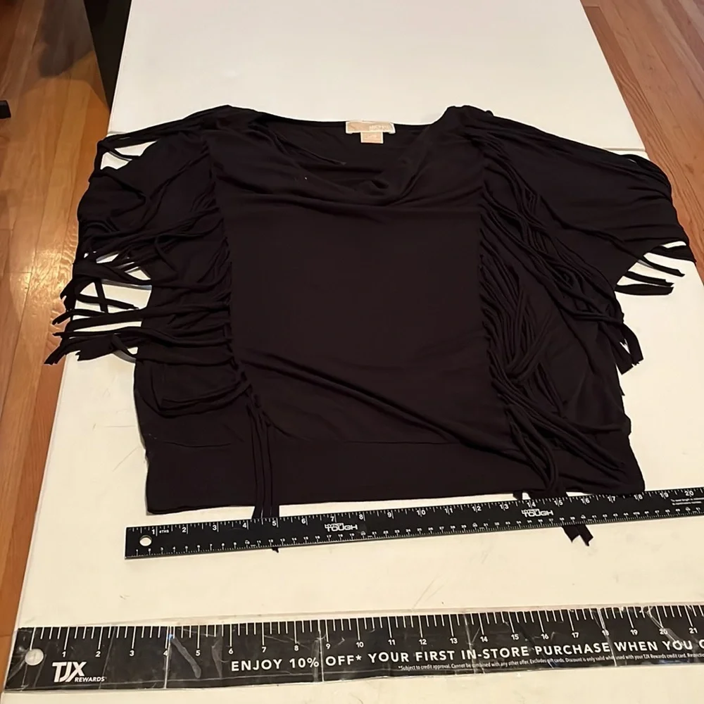 Micheal Kors size large black 3/4 sleeve fringe top ,draped neckline  banded hem